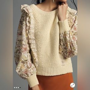 By Anthropologie Printed-Sleeve Ruffle Sweater